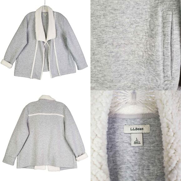 LL Bean Sweatshirt Cardigan Coatigan Women’s Size Large L Sherpa Trim Gray - Picture 1 of 10